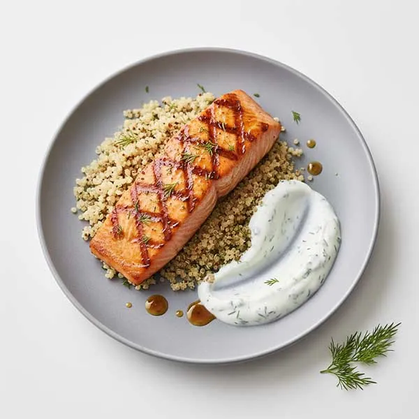 Maple Glazed Grilled salmon and  quinoa with yogurt dill sauce